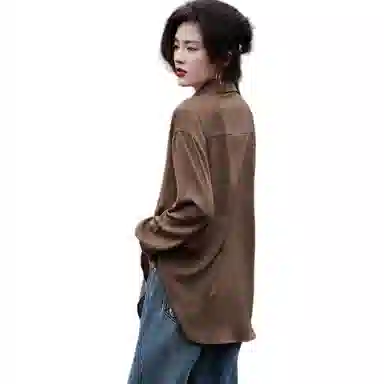 【dme】 纽扣纯色落肩长袖衬衫 女款 咖啡色