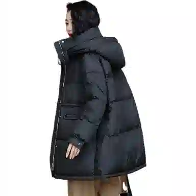 鸭鸭 纯色连帽中长款宽松羽绒服 女款
