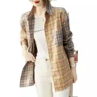 【dme】 宽松格子拼接长袖衬衫 女款 卡其