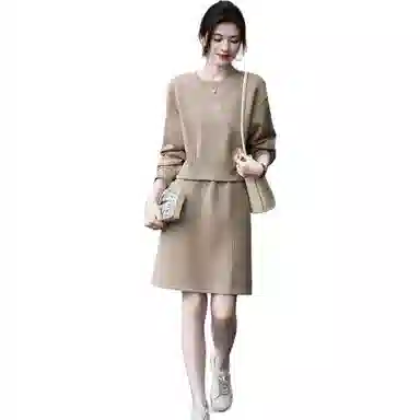 【dme】 圆领套头长袖卫衣纯色松紧合身半身裙裙装套装 女款 奶咖色