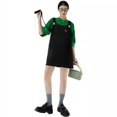 美洋 纯色方领金属扣背带无袖连衣裙 黑色