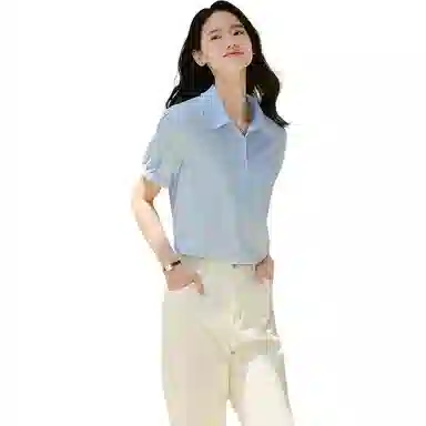 茵曼 通勤纯色简约舒适短袖衬衫 女款 天蓝色