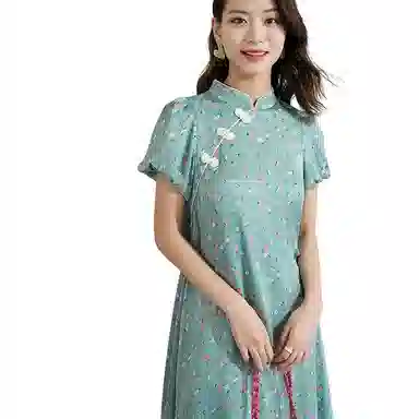 晚白  高腰印花短袖连衣裙  女款  花色