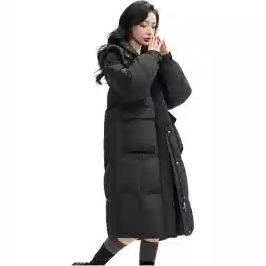 鸭鸭 连帽长款纯色宽松羽绒服 女款