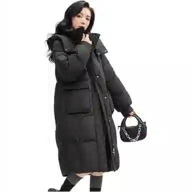 鸭鸭 连帽长款纯色宽松羽绒服 女款