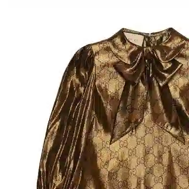 Gucci SS23 Logo Print Long Sleeve Dress Gold