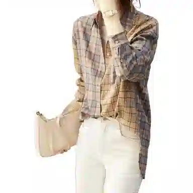 【dme】 宽松格子拼接长袖衬衫 女款 卡其