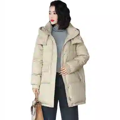鸭鸭 纯色连帽中长款宽松羽绒服 女款