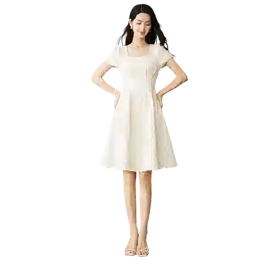 晚白 纯色方领中长款简约短袖连衣裙 女款 杏色