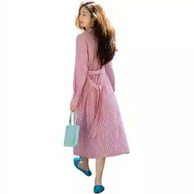 【dme】 条纹单排扣宽松立领衬衫长袖连衣裙 女款 粉红