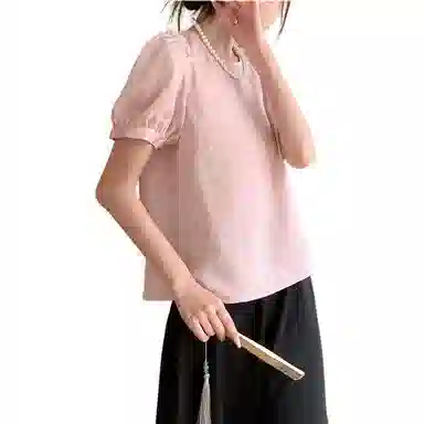 【dme】 通体印花宽松圆领短袖衬衫 女款 浅粉色