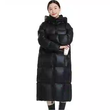 羽物 纯色连帽保暖拉链中长款羽绒服 女款