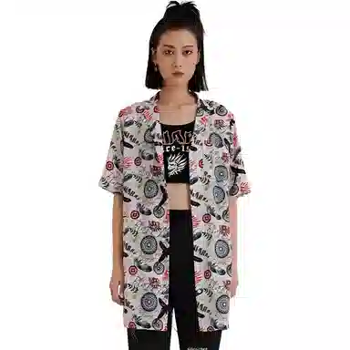 鬼洗 满印立领纽扣中长款短袖衬衫 女款