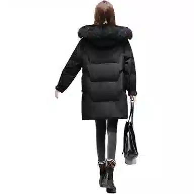 鸭鸭 纯色毛领连帽拉链中长款长袖羽绒服 女款