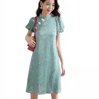 晚白  高腰印花短袖连衣裙  女款  花色