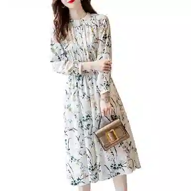 【dme】 碎花中腰圆领长袖连衣裙 丛林绿