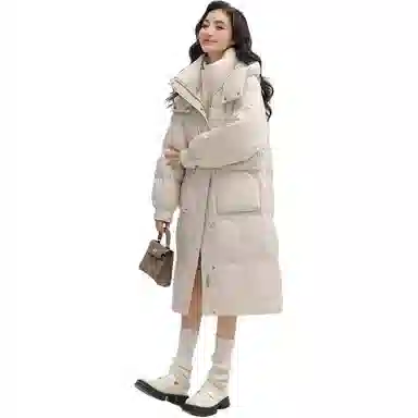 鸭鸭 连帽长款纯色宽松羽绒服 女款