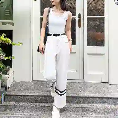 美洋 白胚斜纹拼皮直筒牛仔裤 女款 白色