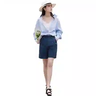 茵曼 纯色高腰休闲直筒五分短裤 女款