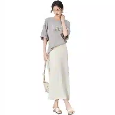 美洋 开叉纯色直筒针织长裙 奶白色