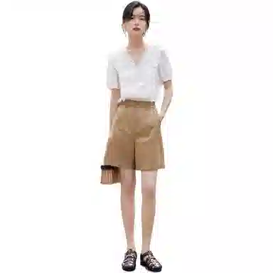 茵曼 纯色高腰休闲直筒五分短裤 女款