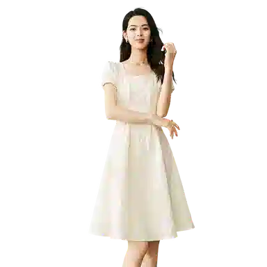 晚白 纯色方领中长款简约短袖连衣裙 女款 杏色