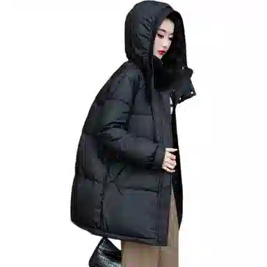 鸭鸭 纯色连帽中长款宽松羽绒服 女款