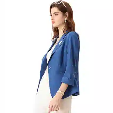 粉红玛琍 纯色修身长袖西装 女款 藏蓝