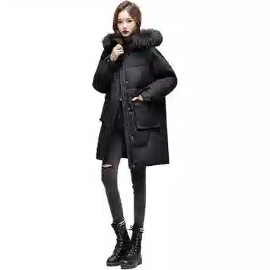 鸭鸭 纯色毛领连帽拉链中长款长袖羽绒服 女款