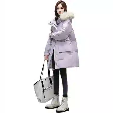 鸭鸭 纯色毛领连帽拉链中长款长袖羽绒服 女款