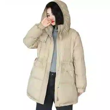 鸭鸭 纯色连帽中长款宽松羽绒服 女款