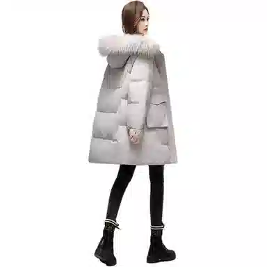 鸭鸭 纯色毛领连帽拉链中长款长袖羽绒服 女款