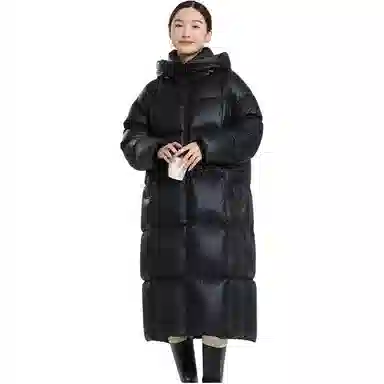 羽物 纯色连帽保暖拉链中长款羽绒服 女款