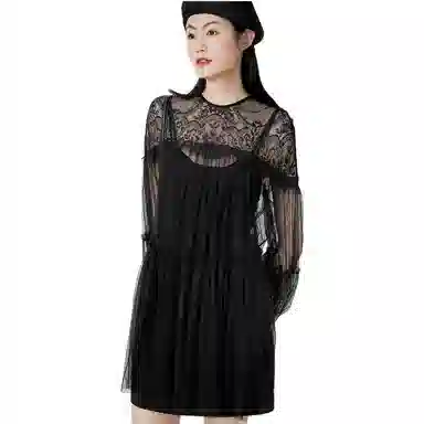 美洋 蕾丝网纱长袖连衣裙 黑色