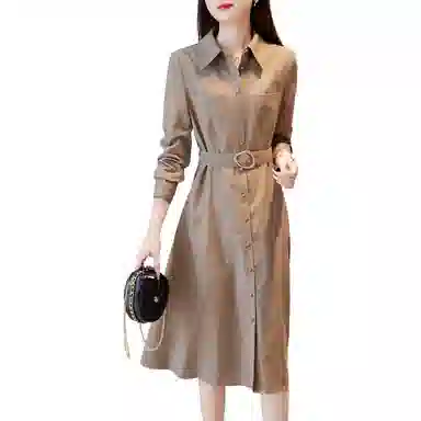 【dme】 纯色休闲简约翻领长袖连衣裙 深卡其