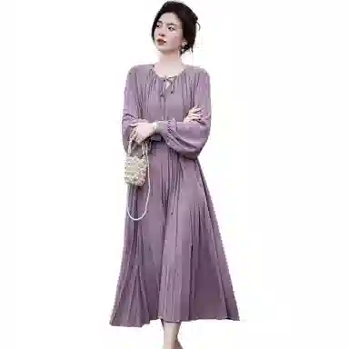 【dme】 通勤纯色舒适圆领宽松插肩长袖连衣裙 女款 蔷薇紫