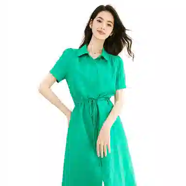 晚白 高腰抽绳亚麻连衣裙 女款 湖绿色