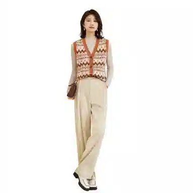 恒源祥 北欧撞色提花羊毛开衫背心 女款