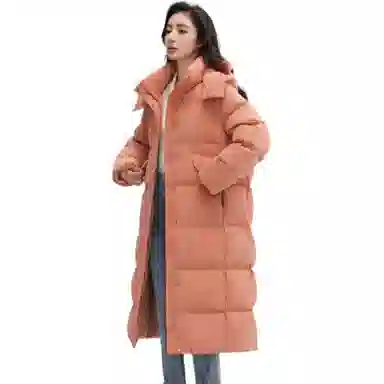 鸭鸭 长款连帽保暖长袖纯色羽绒服 女款