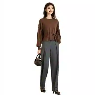 恒源祥 纯色圆领宽松落肩简约休闲长袖针织衫 女款