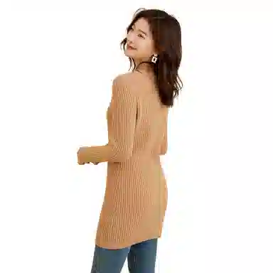 恒源祥 纯色中长款坑条毛衣 女款