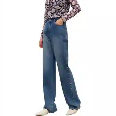 玖姿安娜蔻 侧边彩钻水洗直筒牛仔裤 女款 浅蓝