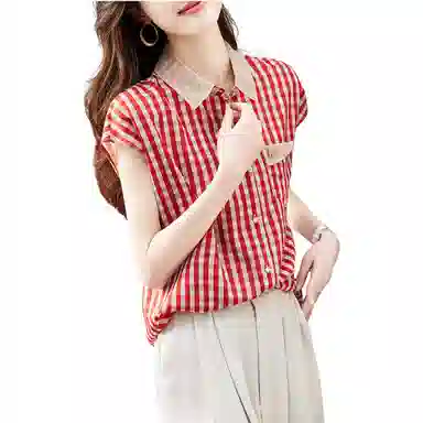 【dme】 休闲宽松格子印花短袖衬衫 女款 橙红