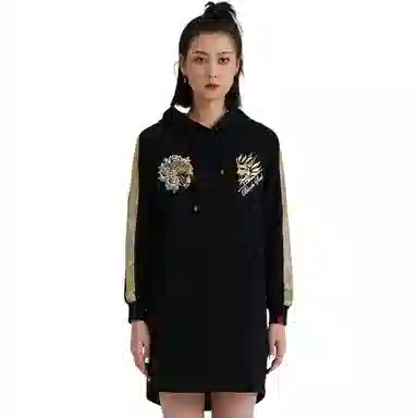 鬼洗 休闲连帽套头长袖连衣裙 女款 黑色