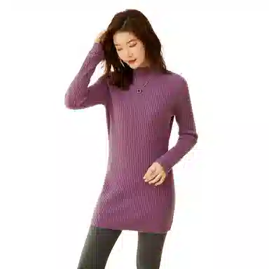 恒源祥 纯色中长款坑条毛衣 女款