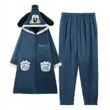 俏霓桐 简约时尚卡通亲肤舒适连帽长袖睡袍保暖蓄温可外穿长裤睡衣套装 男款 蓝灰色