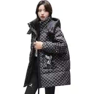 鸭鸭 格子印花宽松连帽中长款羽绒服 女款