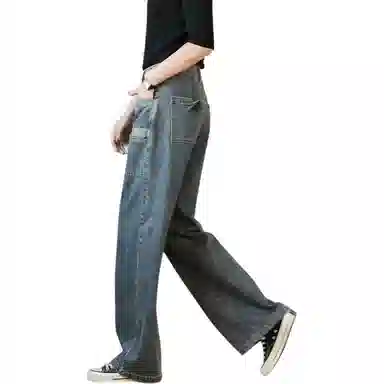 善己 纯色高腰直筒休闲牛仔裤 女款 蓝色