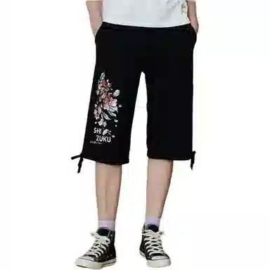 鬼洗 初花印绣花休闲短裤 女款 黑色