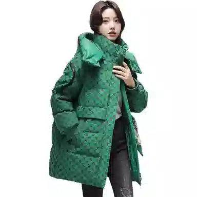 鸭鸭 格子印花宽松连帽中长款羽绒服 女款